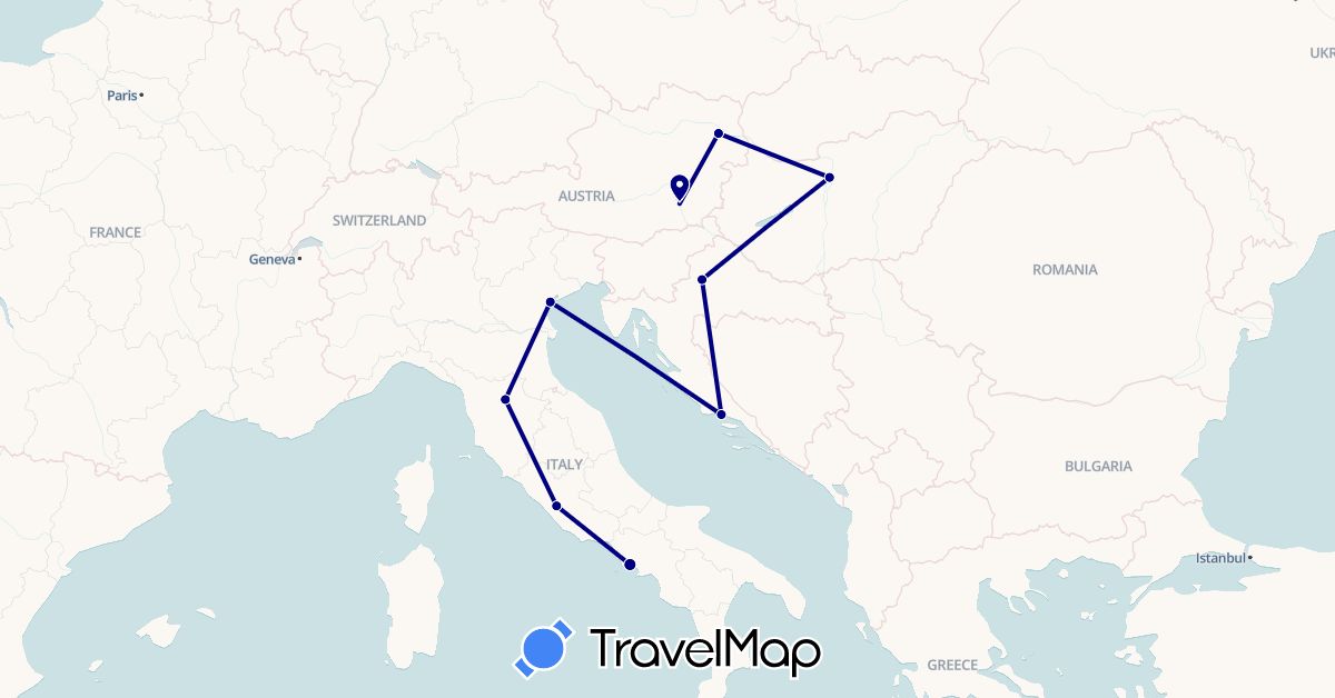 TravelMap itinerary: driving in Austria, Croatia, Hungary, Italy (Europe)