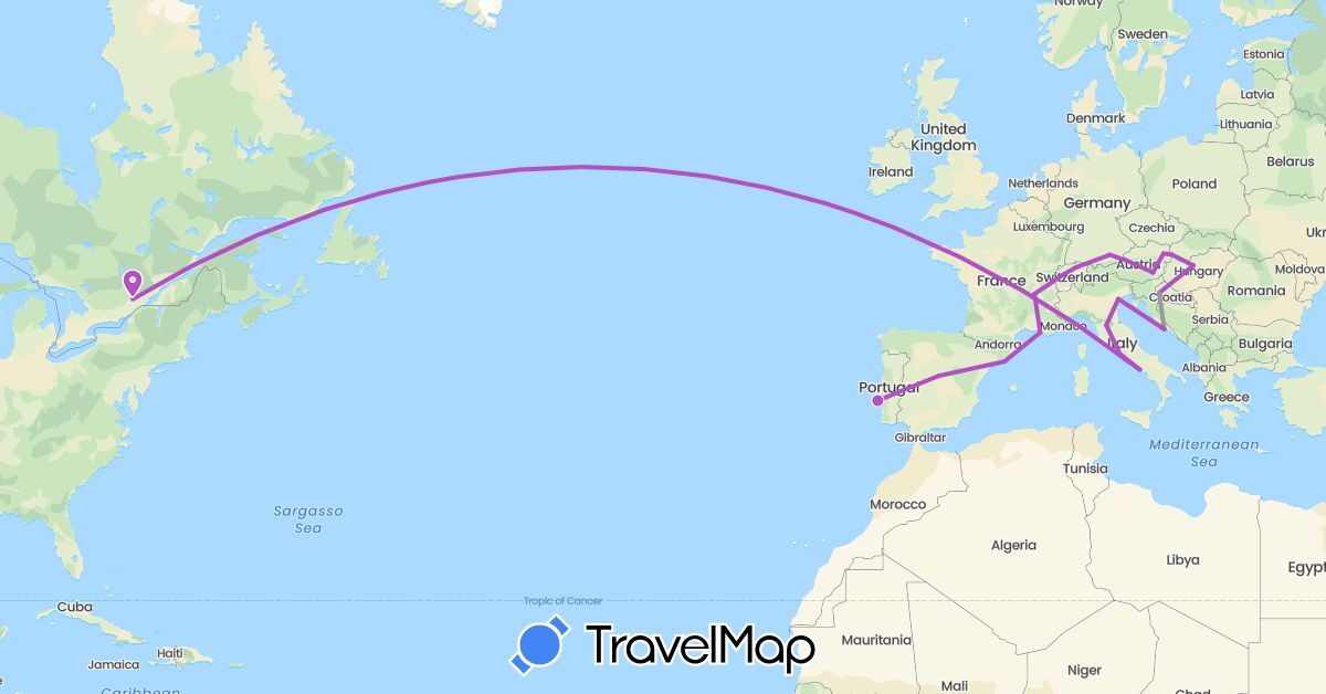 TravelMap itinerary: plane, train in Austria, Canada, Switzerland, Germany, Spain, France, Croatia, Hungary, Italy, Portugal, Slovakia (Europe, North America)